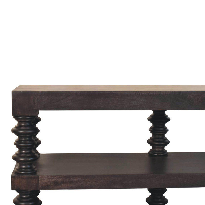 Artisan Furniture Solid Wood Spindle Shelf Console in Carbon Ash, 2 Open Slots, Dark Brown