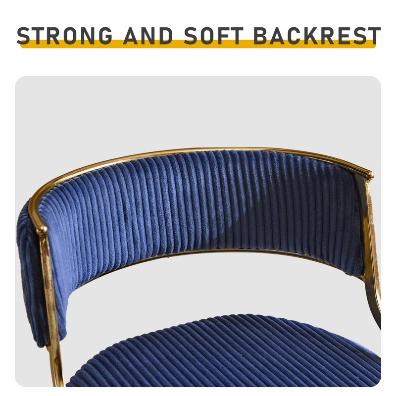 2pcs Blue Corduroy Swivel Bar Stools with Gold Plated Trumpet Base and Height Adjustable Gas Lift