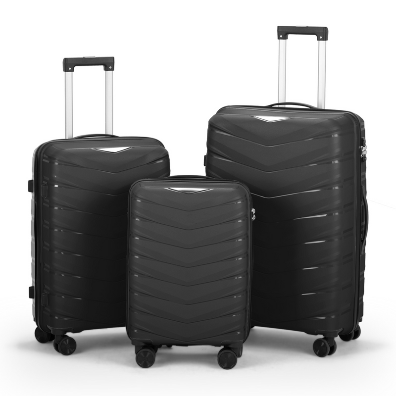 V-striped 3-in-1 PP trolley case 20in 24in 28in PP iron trolley classic colour - black (grained pattern)