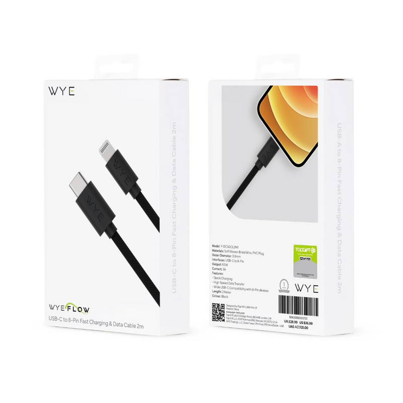 WYE USB-C to 8-Pin Fast Charging & Data Cable 2m - Black
