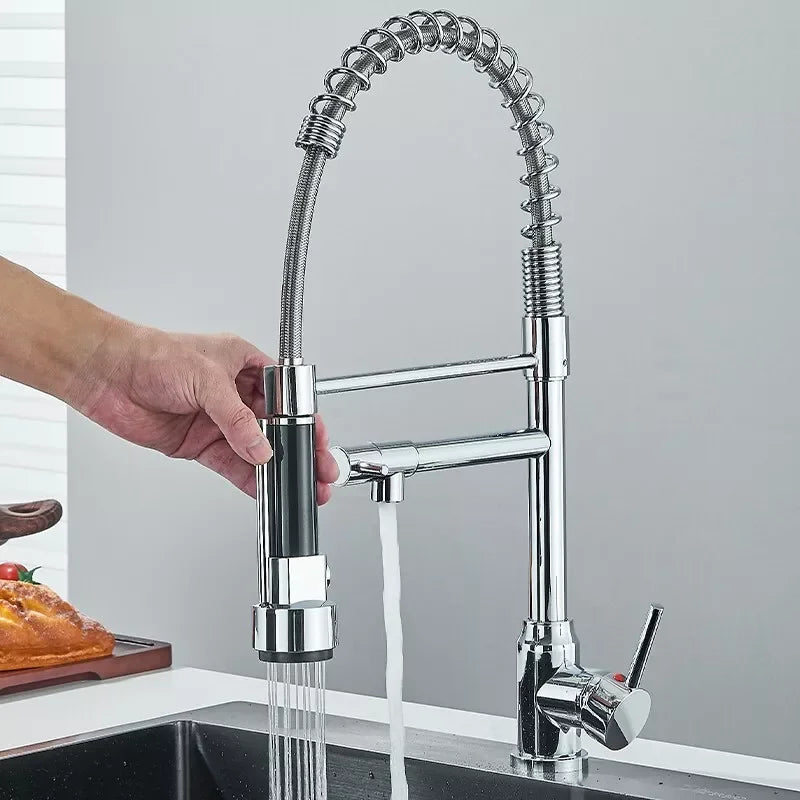 Chrome Brass Kitchen Sink Faucet Pull Down Hot and Cold Water Mixer2 Mode Tap with Dual Spout 360 Rotation Flexible Deck Mounted