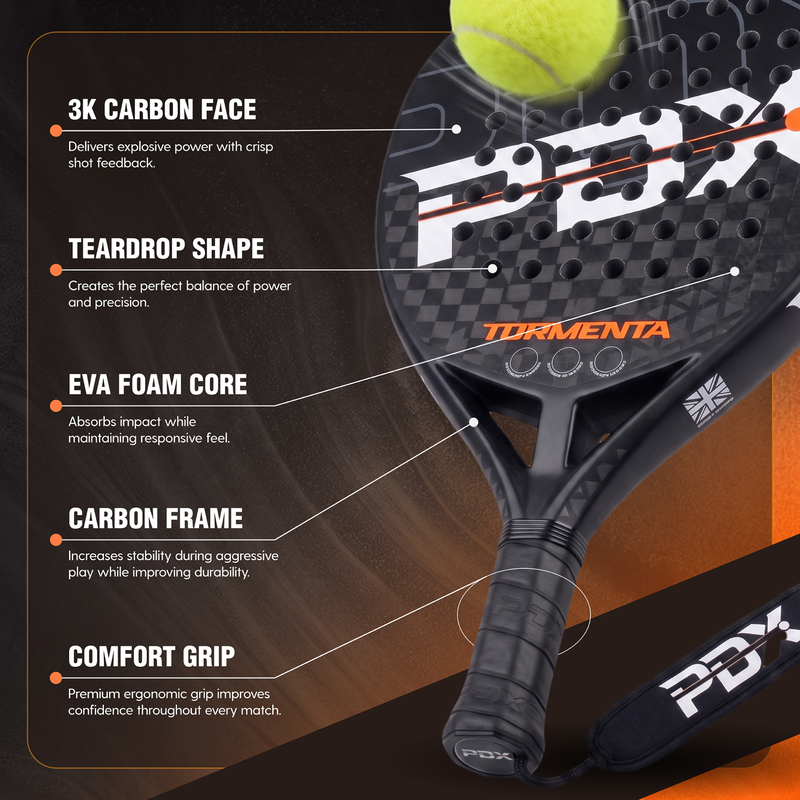 PDX Tormenta Intermediate Padel Racket | Complimentary Racket Carrier Bag | Full Carbon Fibre | 365g Diamond | Power