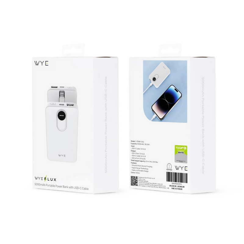 Wyeflux 5000mAh Portable Power Bank with USB-C Cable - White