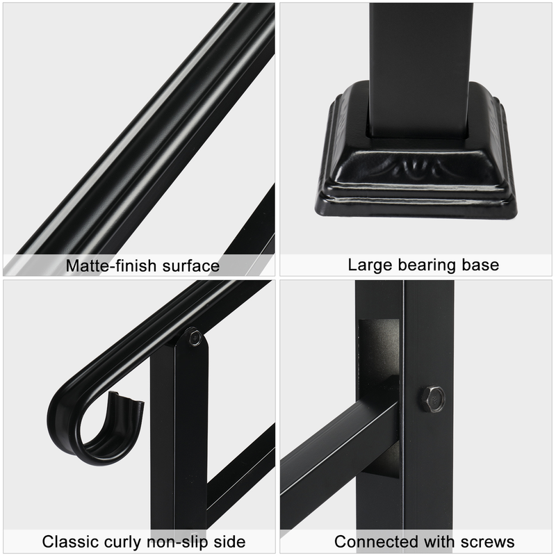 Handrails for Outdoor Steps, Wrought Iron Handrail Fits 1 or 3 Steps, Transitional Handrail with Installation Kit, Black