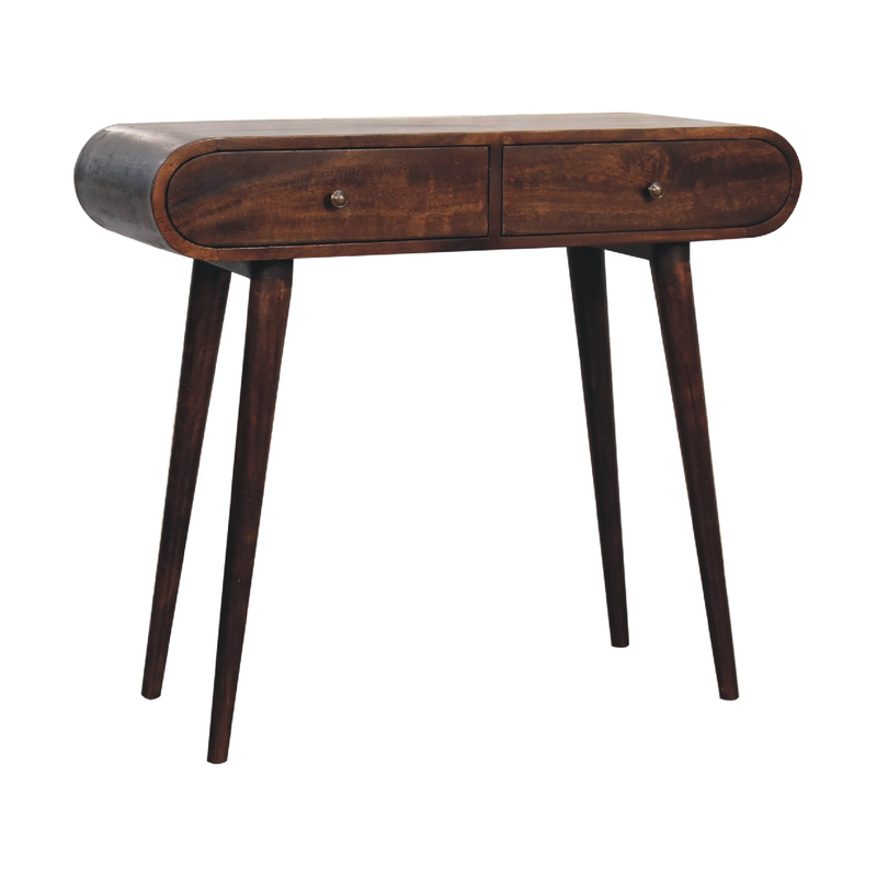 Artisan Furniture Solid Wood Light Walnut Curved Edge Console Table, 2 Drawers, Dark Brown