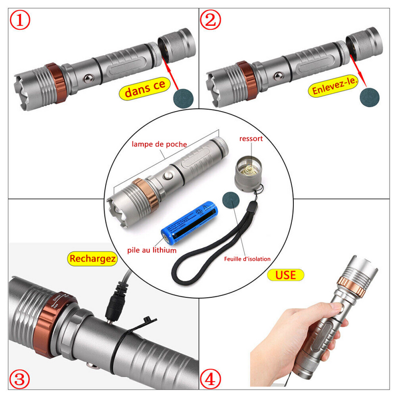 USB Rechargeable LED Flashlight Lamp 5-Modes Zoomable Hiking Camping Outdoor Torch +Batt+ USB Cable + Car Char