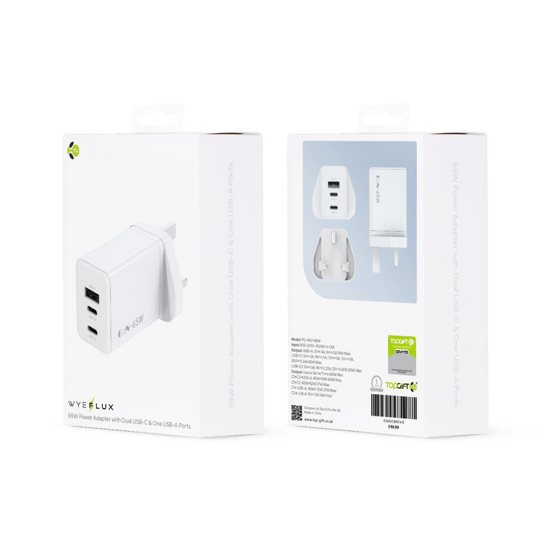 WYEFLUX 65W Power Adapter With Dual USB-C & One USB-A Ports