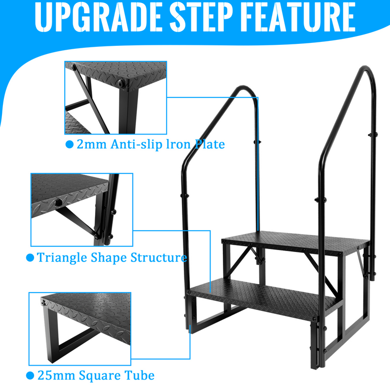 RV Step Stool, 2 Step Ladder, Hot Tub Steps with 2 Handrails, Heavy Duty Ladder Shelf Bookcase, 5th Wheel RV Mobile Home Stairs for Camper/Porch/SPA Pool/Pet Stairs