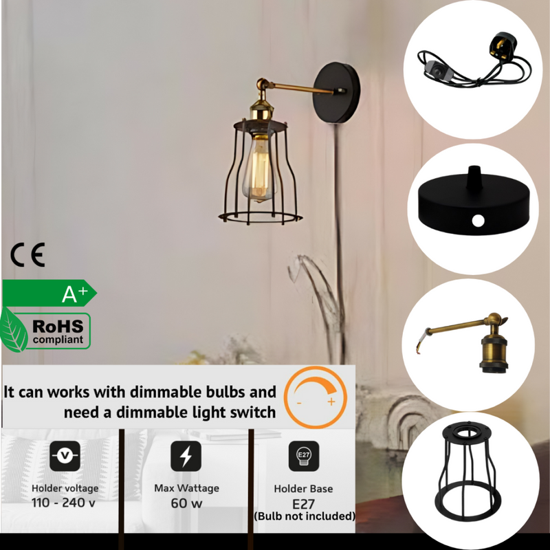 Black Industrial Plug-In Wall Sconce with Dimmer Adjustable Arm Lamp~2259