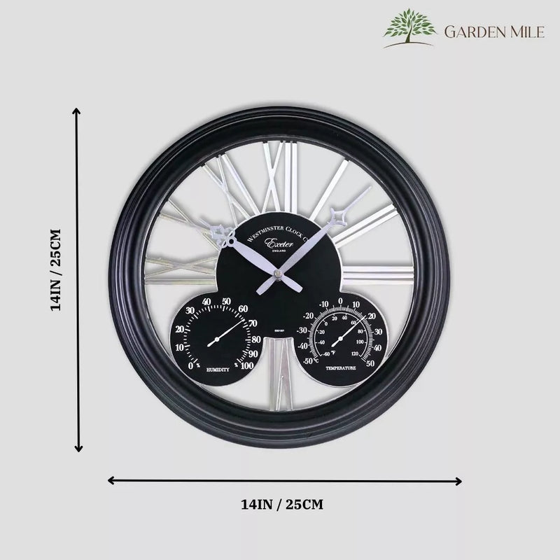 Large Black Garden Clock with Thermometer and Barometer 26.5cm