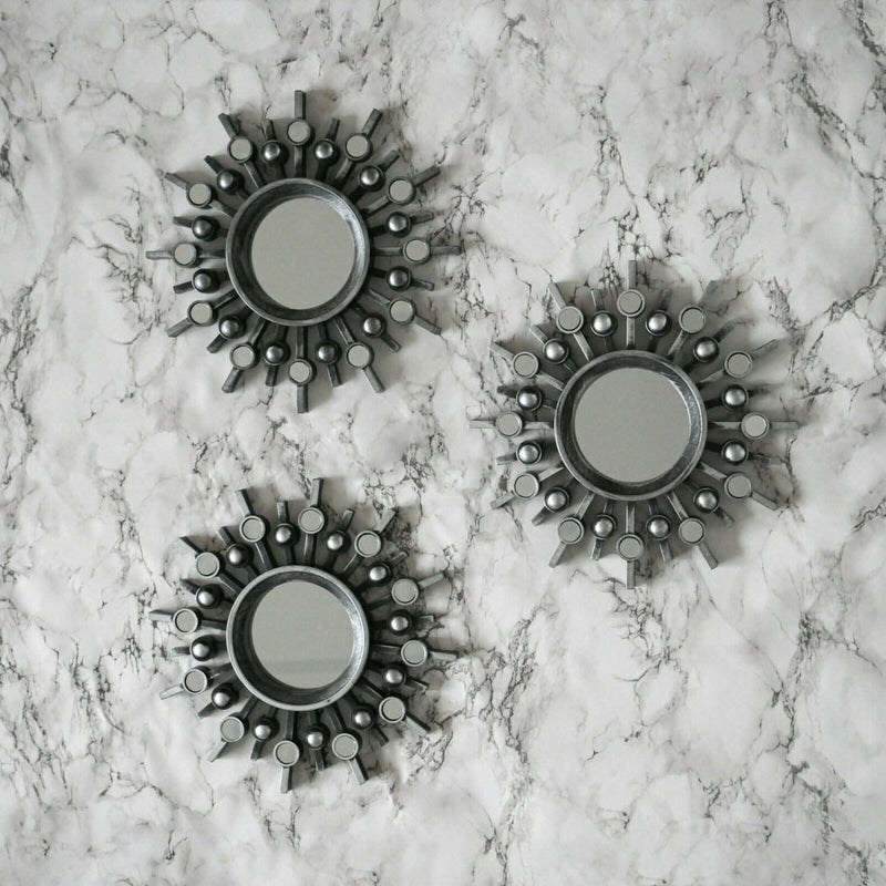 3 Piece Silver Sunburst Decorative Wall Mirrors Set 25cm