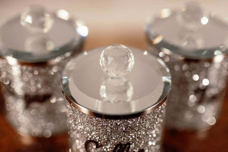 3pc Diamante Tea Coffee Sugar Canister Set Silver Crystal Jars