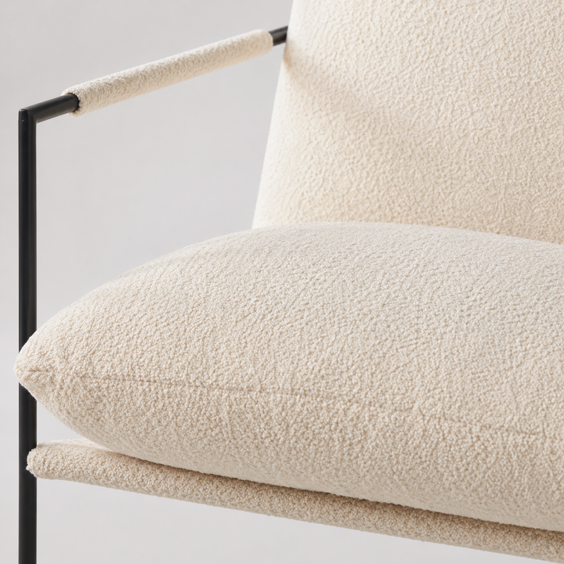 Danish Style Ivory Bouclé Lounge Chair with Black Metal Frame