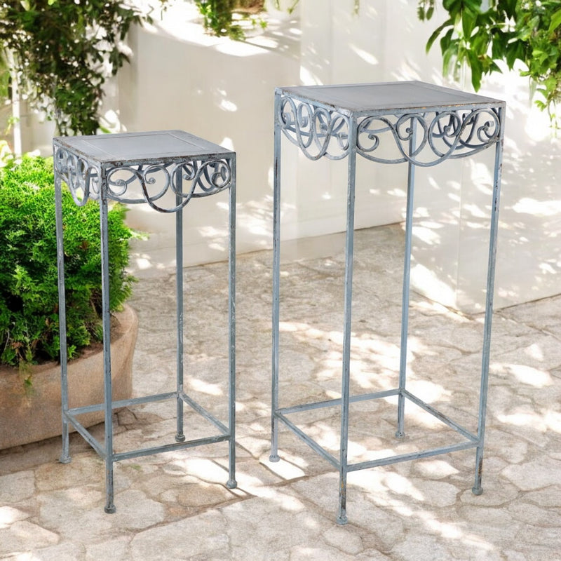 AcaciaHome Durable Blue & Gold Square Plant Pot Table Set of 2 – Metal Nesting Planters with Stand, Art Deco Floral Design, Weather-Resistant Indoor Outdoor Decor, Balcony & Home Display