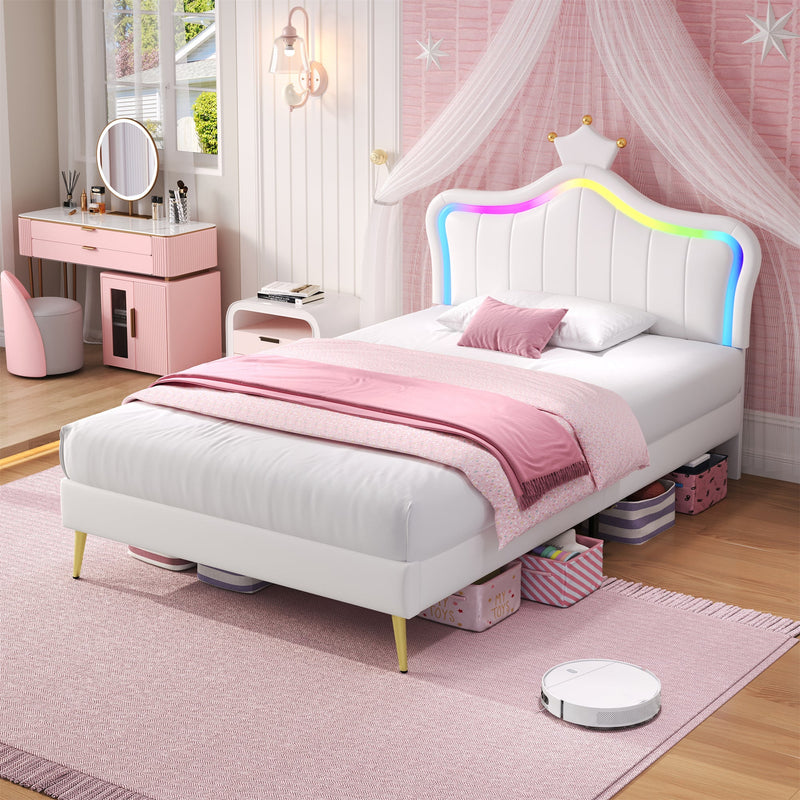 3ft Single Bed with LED Lights Princess Crown Headboard PU Leather Cream White