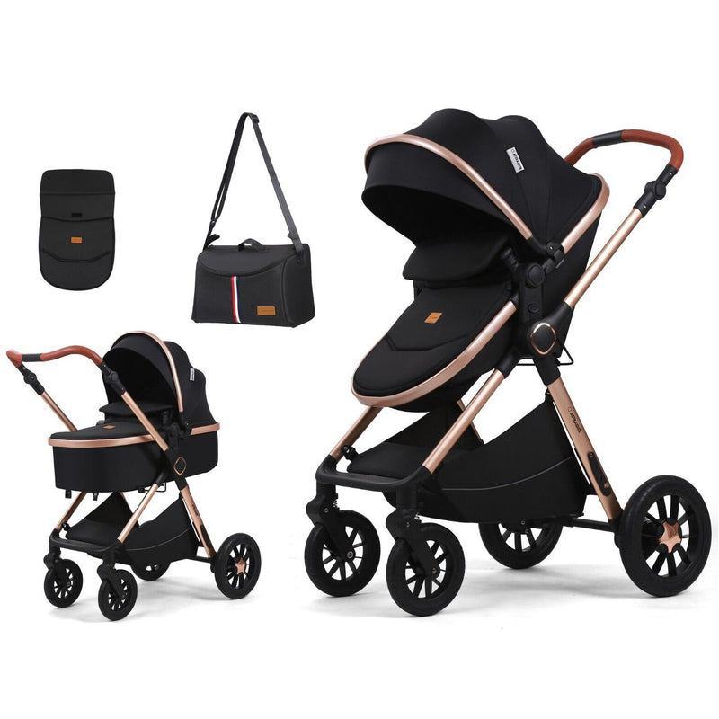 3-in-1 Pram Pushchair Stroller with Carrycot Sleeping Basket Black Rose Gold Foldable