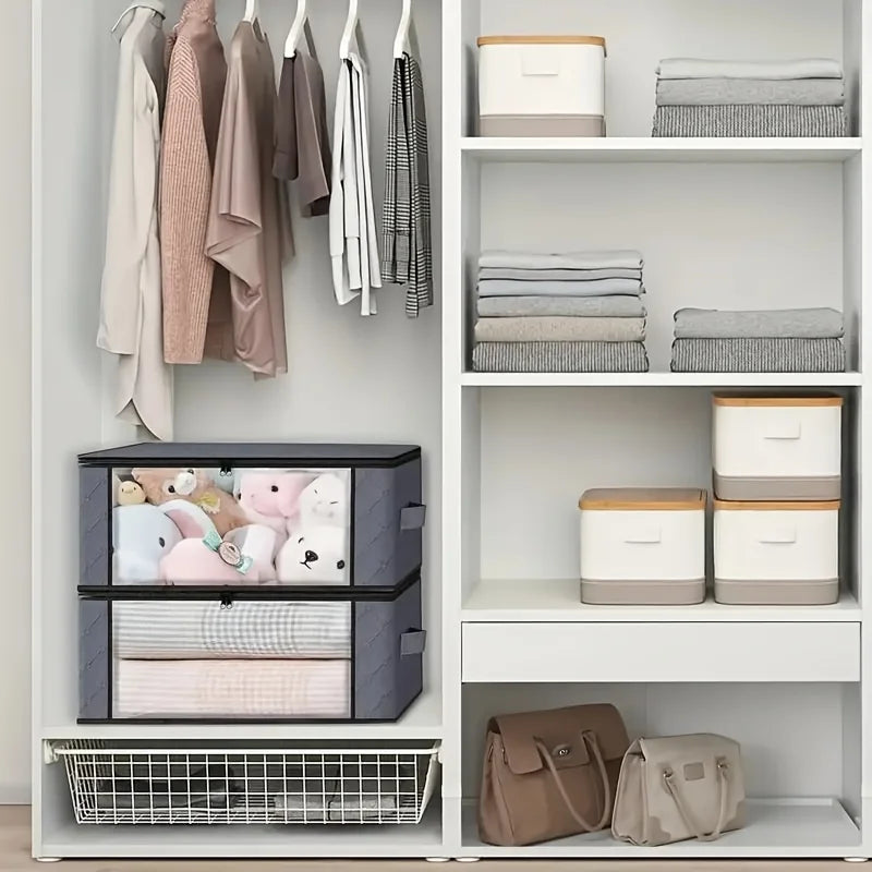 4 Pack Foldable Clothes Storage Bags 48cm Grey Organiser Boxes Window Zip Box