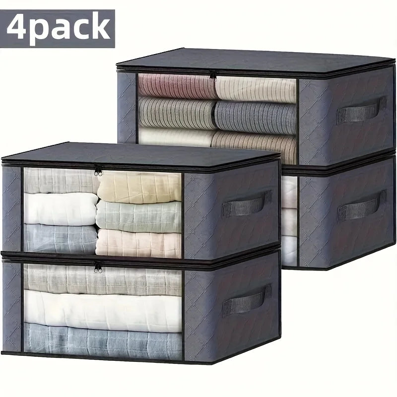 4 Pack Foldable Clothes Storage Bags 48cm Grey Organiser Boxes Window Zip Box