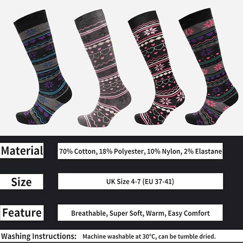 4 Pairs Ladies Ski Boot Socks Knee Length Cotton Rich with Full Cushioning and Thermal Insulation for Warmth and Comfort Fair Isle Pattern Fits Sizes 4-7 by Sock Stack