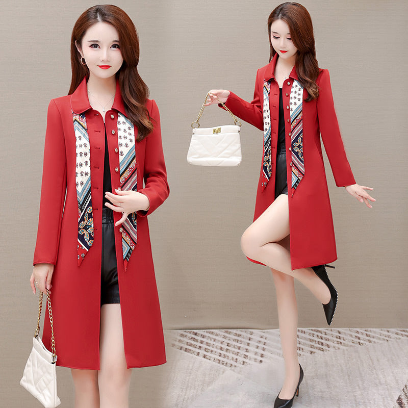 Women's Mid Length Scarf Collar Trench Coat