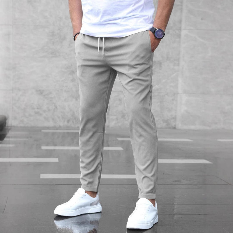 Men's Casual Drawstring Trousers Slim Fit Straight Leg Pants with Pockets Trendy