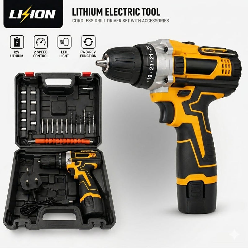 LIION 12V Cordless Drill Driver Kit – 24-Piece Lithium-Ion Drill Set with Accessories & Case