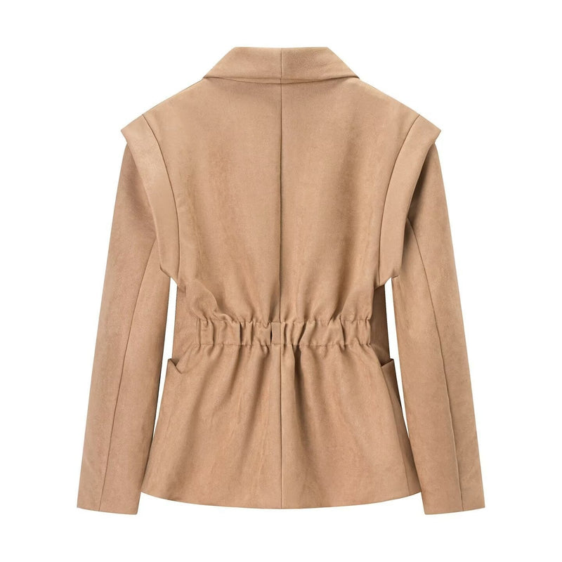 Retro Lapels Suede Waist-controlled Long Sleeves Jacket Coat