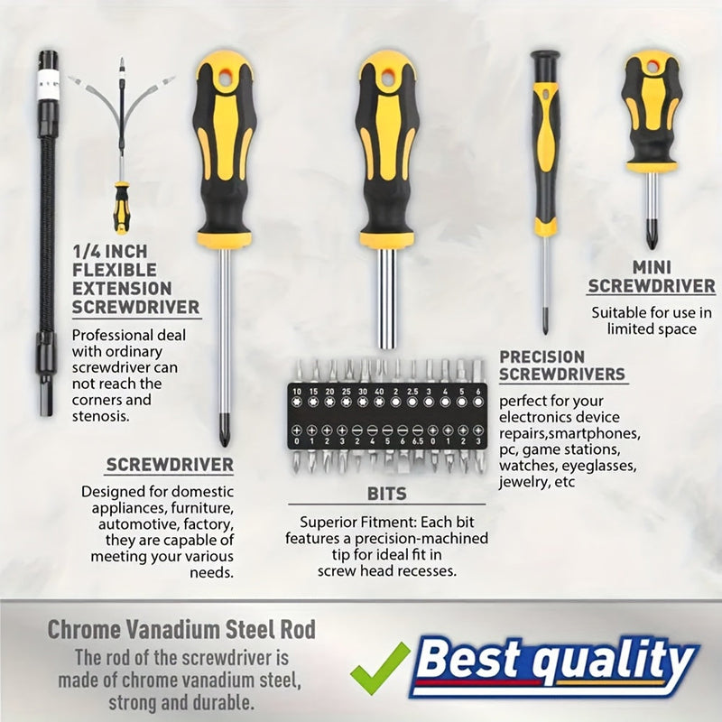 43pc Magnetic Screwdriver Tool Kit Chrome Vanadium Precision Bit Set with Case