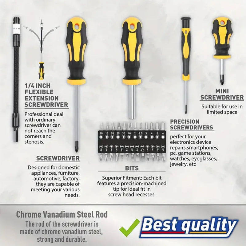 43pc Magnetic Screwdriver Tool Kit Chrome Vanadium Precision Bit Set with Case