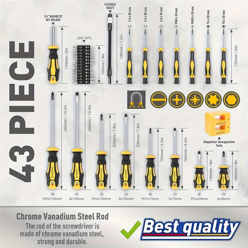 43pc Magnetic Screwdriver Tool Kit Chrome Vanadium Precision Bit Set with Case