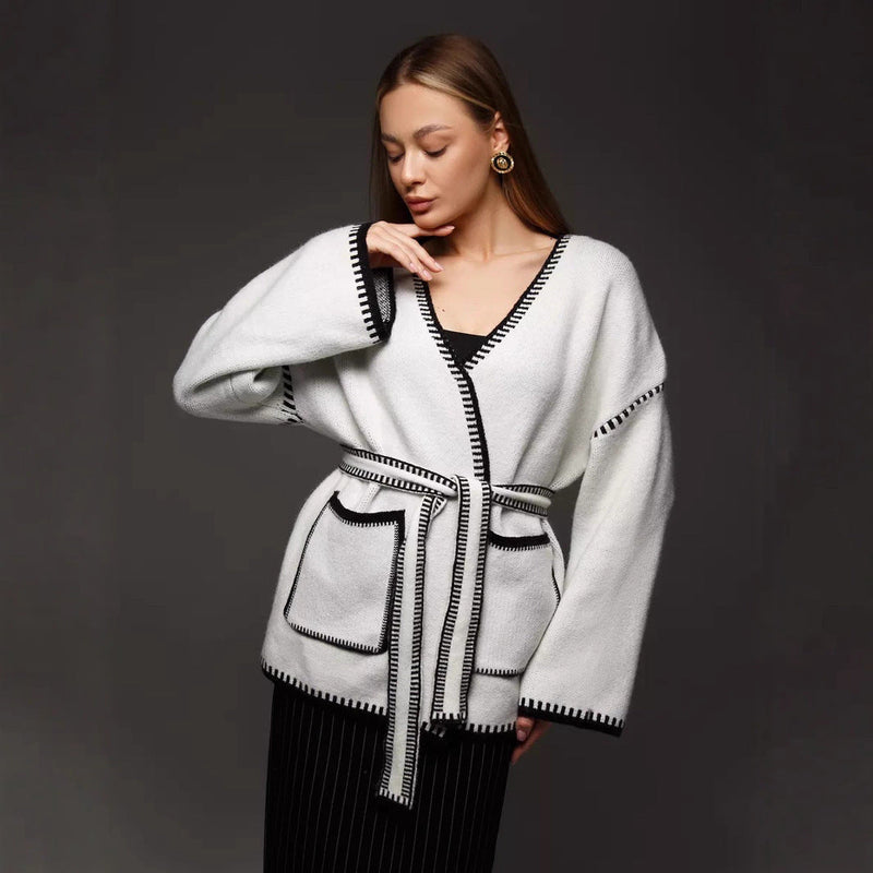 Lace-up Knitted Cardigan Loose Mid-length Sweater Coat