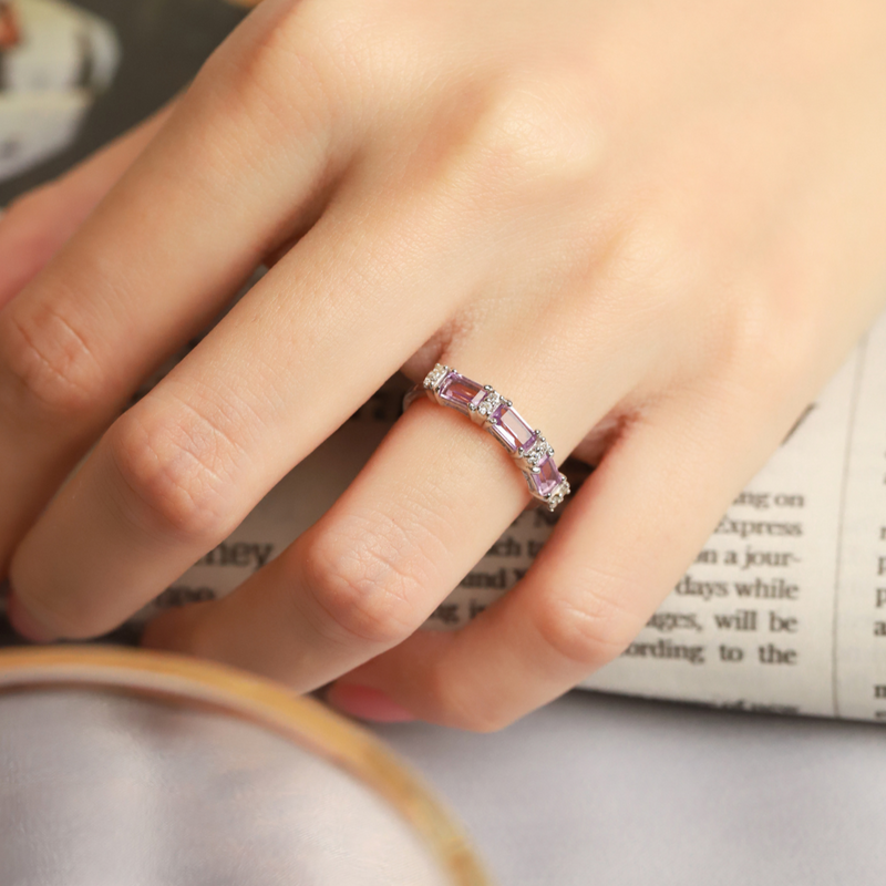 Lavender Amethyst Emerald Cut Eternity Ring in Sterling Silver