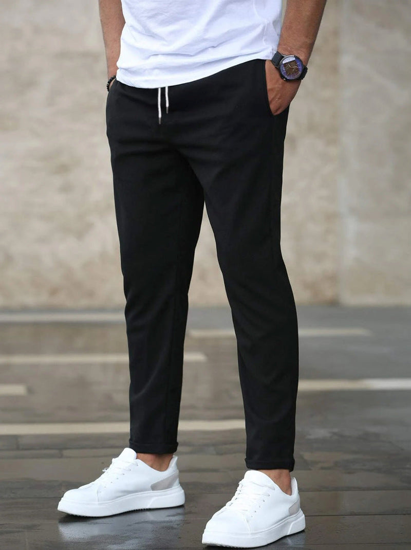 Men's Casual Drawstring Trousers Slim Fit Straight Leg Pants with Pockets Trendy