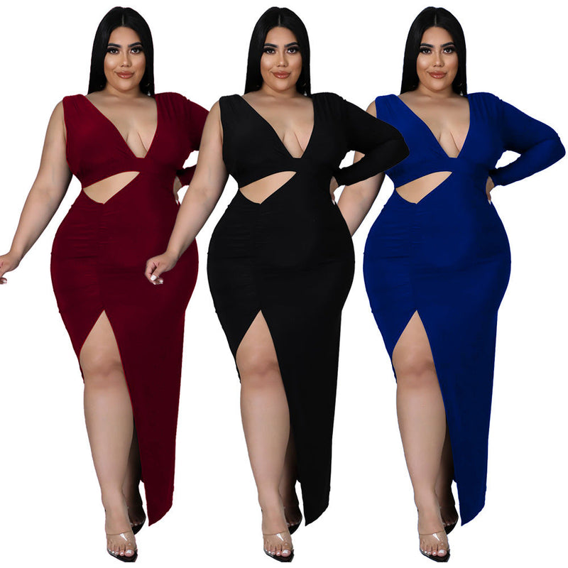 Solid-color Single-sleeve Sexy Hollow-out Maxi Dress