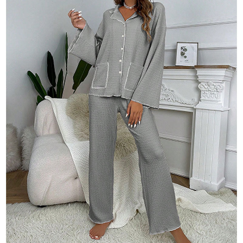 Lapel-collar Button-up Pajama Set For Women
