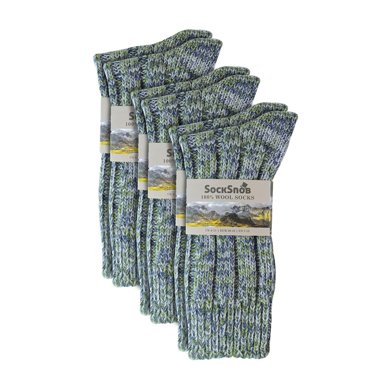 3 Pack Mens Warm 100% Wool Ribbed Socks with Reinforced Heel and Toe