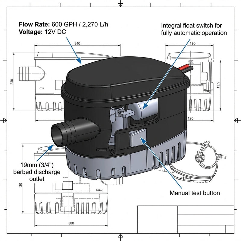 Nuova Rade Automatic Bilge Pump 600GPH 12V with Float Switch