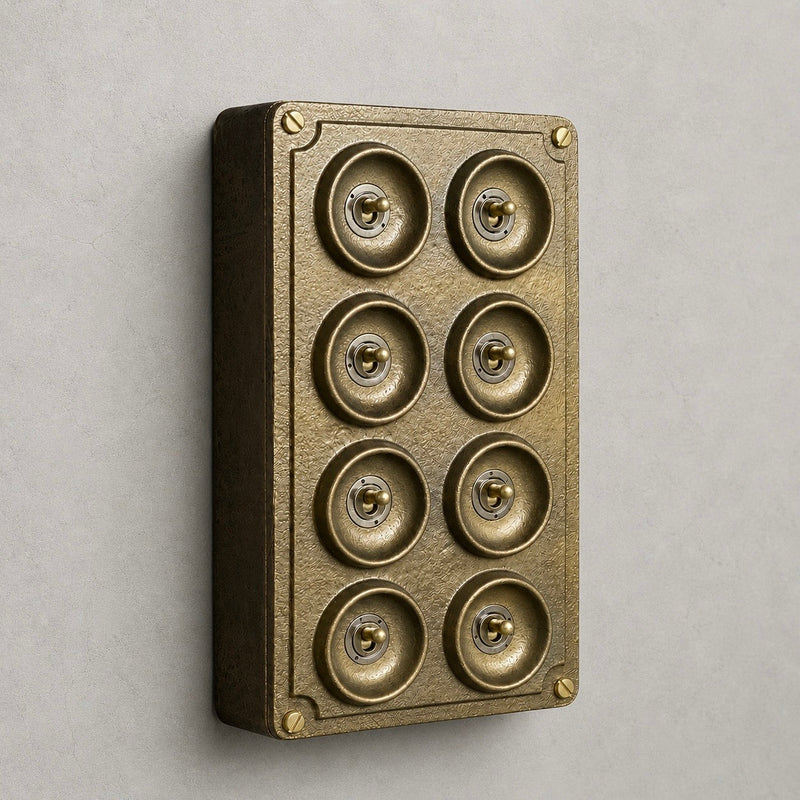 8 Gang 2 Way Bronze Solid Cast Metal Conduit Light Switch Industrial - BS EN Approved Vintage Crabtree 1950’s Style
