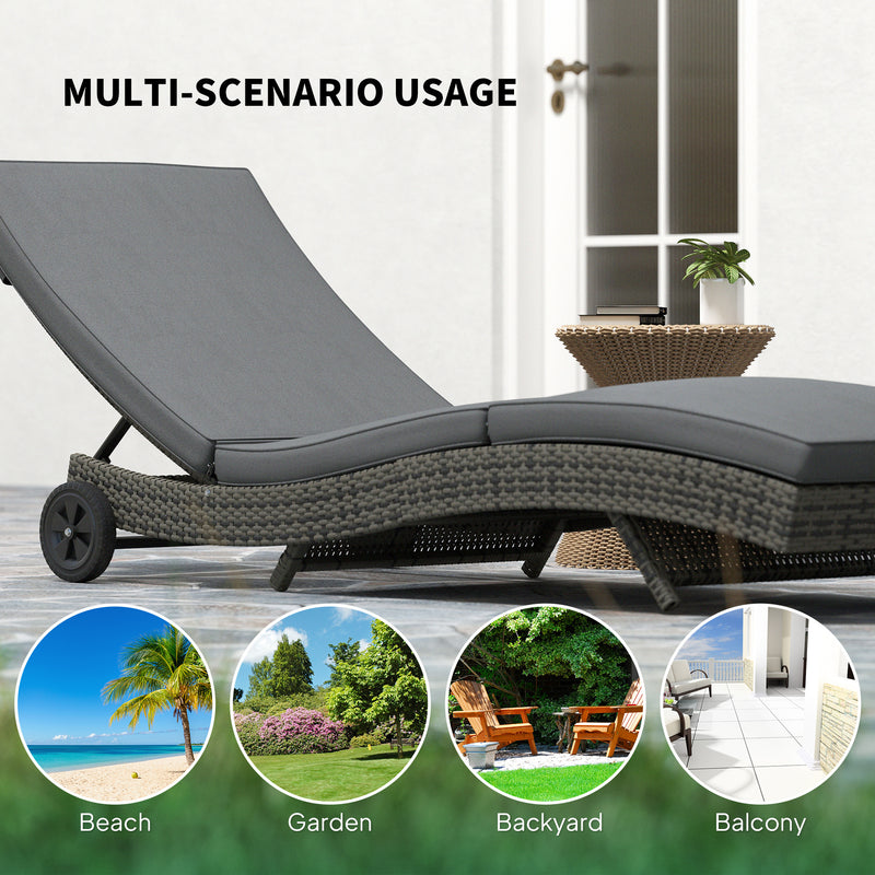 Outsunny Outdoor Rattan Sun Lounger with Reclining Back, Wheels, Dark Grey