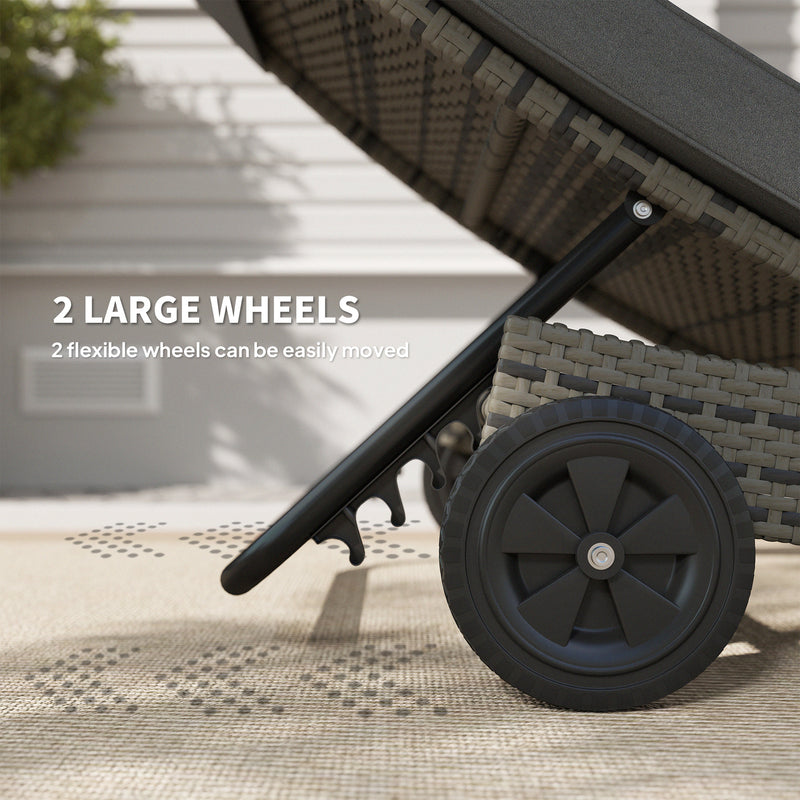 Outsunny Outdoor Rattan Sun Lounger with Reclining Back, Wheels, Dark Grey