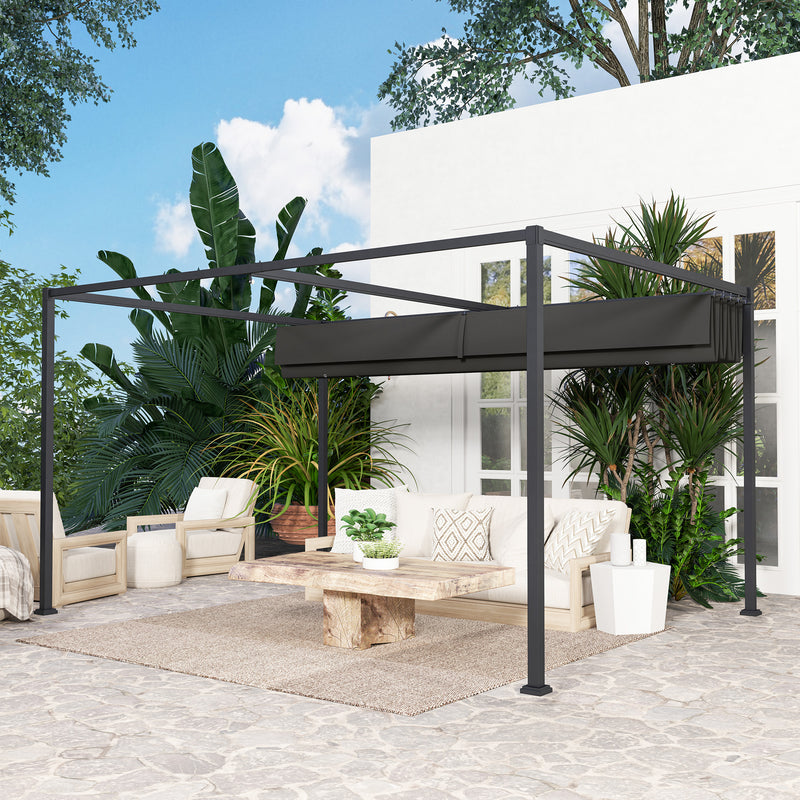 Outsunny 4x3(m) Metal Pergola Gazebo Patio Sunshelter Retractable Canopy Black