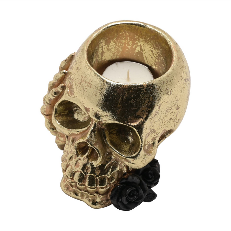 Gold Skull with Black Rose Tealight Holder