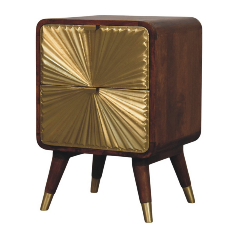 Artisan Furniture Solid Wood Avora Brass Embossed 2 Drawer Chestnut Nightstand