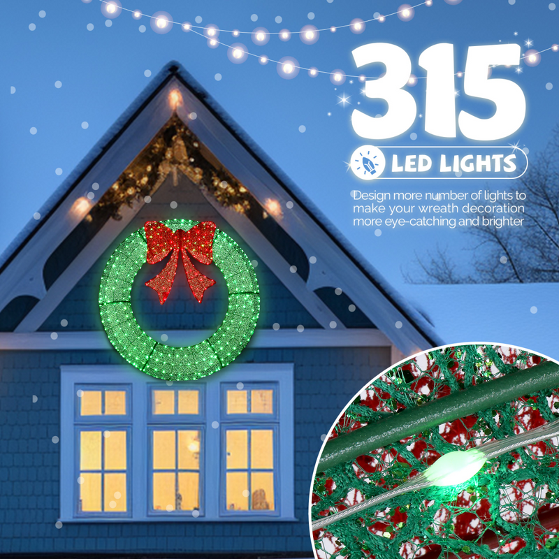 120cm Pre-lit Outdoor Christmas Wreath Decoration, Lighted Metal Wreath with Red Bow, Remote Control LED Lights with Timer, for Front Door Gate Wall Indoor Outdoor Holiday Party, Green