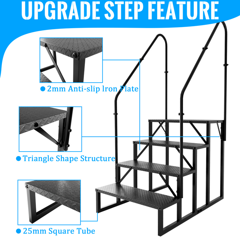 RV Step Stool, 4 Step Ladder, Hot Tub Steps with Handrail, Portable Pool Ladder, 660Lbs Heavy Duty Ladder Shelf Outdoor Mobile Home Stairs for Camper/Porch/SPA Pool/Pet Stairs