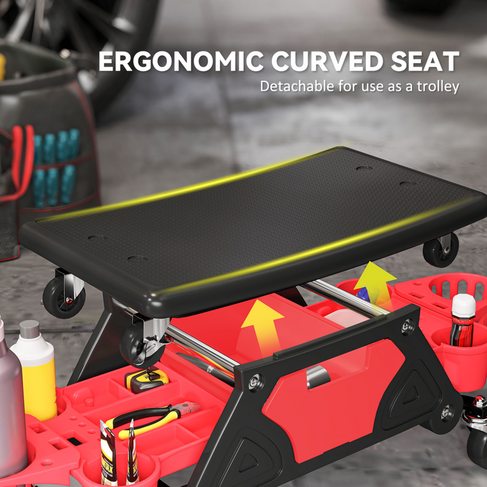 HOMCOM Rolling Mechanic Stool, 135kg Capacity Workshop Stool, Red