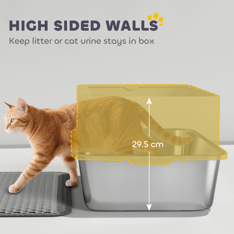 PawHut Stainless Steel Litter Box with Scoop, High Sided Cat Litter Tray
