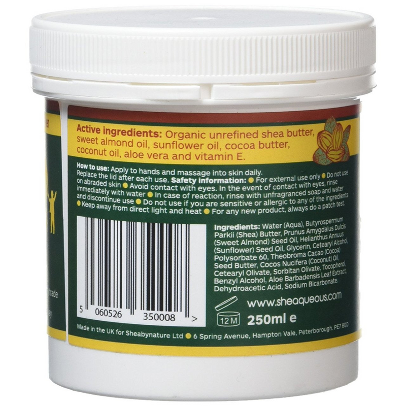 Sheaqueous Aqueous Cream with unrefined Shea Butter, Almond Oil, cocoa butter, vitamin E. A natural aqueous cream for very dry skin, for Sensitive Skin, Babies, Children, Eczema prone skin , Use in Pregnancy for expanding tummy NO ADDED FRAGRANCE