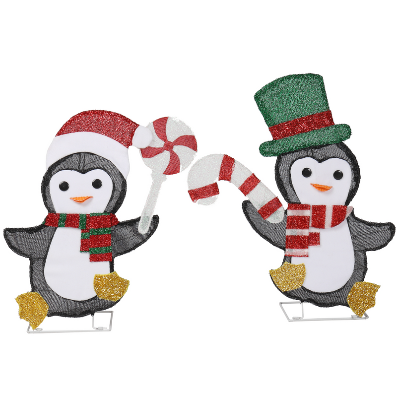 Set of 2 Lighted Penguin and Candy Cane Christmas Decorations, Pre-lit 2D Holiday Decor with 80 Warm White LED Lights for Xmas Outdoor Indoor Decor Lighted Holiday Displays
