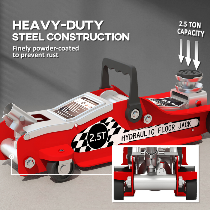 HOMCOM Hydraulic Low Profile Floor Jack, 2.5 T 80-360 mm Steel Car Jack, Red